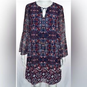Vince Camuto Womens Long Bell Sleeves Tie Tassels Floral Shift Dress Size 4 Boho